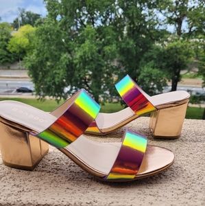 Iridescent hologram double strap heels, Size 7/37 NIB.